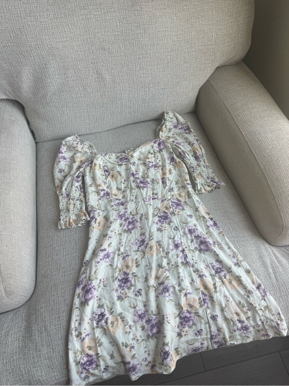 Blue Rain Floral Puff Sleeve Dress in Lavender and Cream